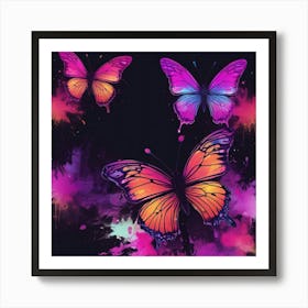 Three Butterflies On A Black Background Art Print