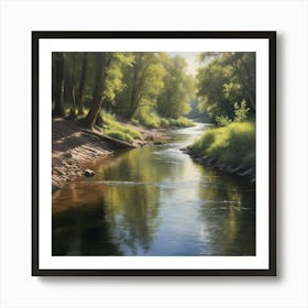 A realistic oil painting of a river, capturing the play of light and shadow on the water's surface and the intricate textures of the surrounding landscape. Art Print