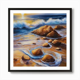 The sea. Beach waves. Beach sand and rocks. Sunset over the sea. Oil on canvas artwork.39 Art Print