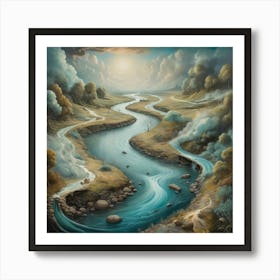 A surrealistic painting of a river, with dreamlike imagery and unexpected elements, inviting the viewer to explore their imagination. 3 Art Print