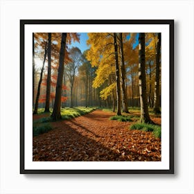 A Vibrant Autumn Forest With A Carpet Of Fallen Leaves And A Clear Blue Sky 2 Art Print