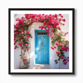 Blue Door With Pink Roses Art Print