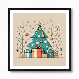 Christmas Tree with Presents Drawing Art Print