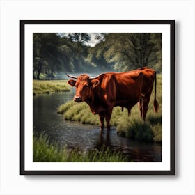 Red Longhorn at The Stream Art Print