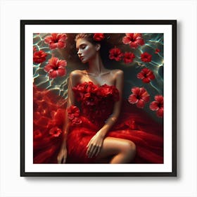 Beautiful Woman In Red Dress In Water Art Print