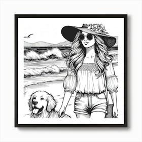 Line Art lady with a dog on the beach 6 Art Print