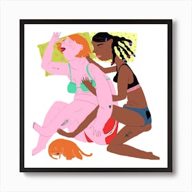 Sleeping Couple With Ginger Cat Art Print