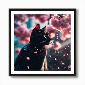 Black Cat, Raindrops and Pink Cherry Blossom Art Print