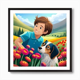 A Boy And His Dog In A Field Of Flowers Art Print