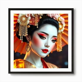 Geisha Girl In Gold And Orange Art Print