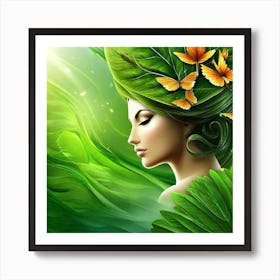 Portrait Of A Woman With Green Leaves Art Print