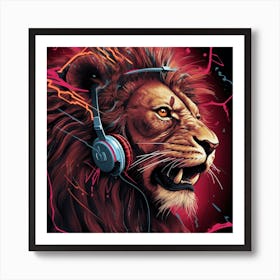 Lion With Headphones Art Print