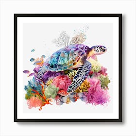 Sea Turtle On Coral Reef Art Print