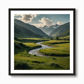 A Serene Mountain Valley With A Clear, Winding River And Lush Green Meadows Art Print