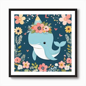 Floral Baby Whale Nursery Illustration (15) Art Print
