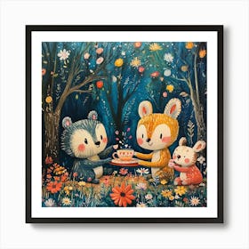 Tea Party Forest Animals Cartoon Art Print