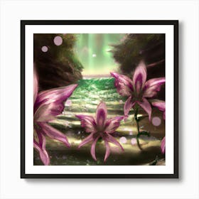 Flowers by a Lake Art Print