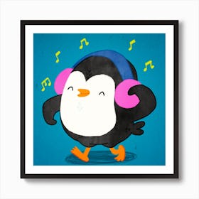 Happy Penguin Listening Music With Headphone Art Print