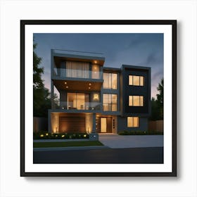 Modern House At Night 1 Art Print