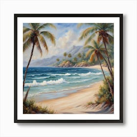 Palm Trees On The Beach, A Tranquil Beach Scene With Palm Trees And Gentle Waves art print 1 Art Print