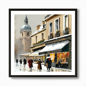 Paris cafes, winter season, Christmas, pale colors, pedestrians in the street, winter clothes, falling snow.1 Art Print