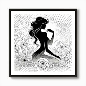 A Beauty Silhouette with Flowers - Line Drawing Art Print