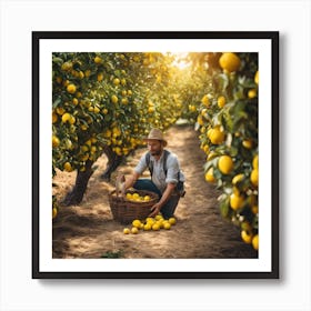 Farmer Picking Lemons In An Orchard Art Print