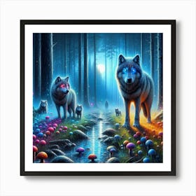 Mystical Forest Wolves Seeking Mushrooms and Crystals 8 Art Print