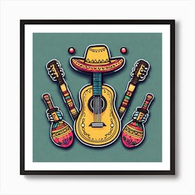 Mexican Guitar And Maracas Sticker 2d Cute Fantasy Dreamy Vector Illustration 2d Flat Centere (56) Art Print