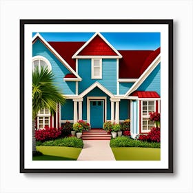 Tropical Illustration Of A Blue House Art Print