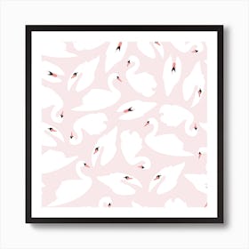 White Swan Pattern On Pink Square Art Print