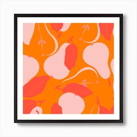 Pattern With Bright Pink Pears On Orange Square Art Print