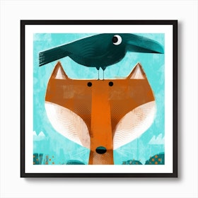 Fox With Pesky Crow Square Art Print