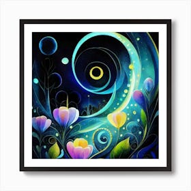 Abstract oil painting: Water flowers in a night garden 19 Art Print