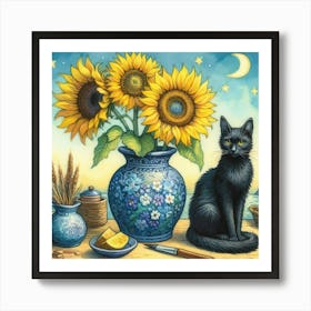 Black Cat With Sunflowers watercolor pestel painting Vase With Three Sunflowers With A Black Cat, Van Gogh Inspired Art Print/ 1 Art Print