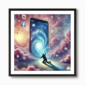 Surreal Image Of A Person Trying To Escape From Their Smartphone In A Dreamlike Scene Art Print