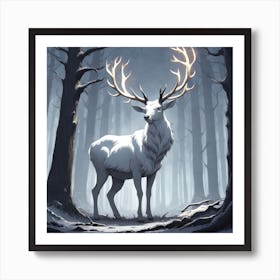 A White Stag In A Fog Forest In Minimalist Style Square Composition 19 Art Print