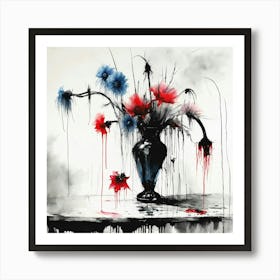 Flowers In A Vase Stephen Gammell style, dessin, aquarelle, aquarelles, noir et blanc et rouge , de marais, de sombres créatures, dégoulinant, pink and blue flowers in a vase placed on a table1 Art Print