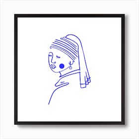 Girl Wearing A Pearl Earring Blue Square Art Print