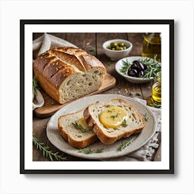 Rustic Bread Loaf A Rustic Loaf Of Freshly Baked Bread With A Golden Crust Accompanied By A Small Di 136989663 Poster