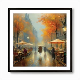 Amsterdam cafes, autumn season, rain, autumn oil colours.Faded colours,People passing on the street, winter clothes, rain umbrellas.13 Art Print