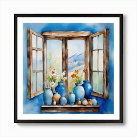 Blue wall. Open window. From inside an old-style room. Silver in the middle. There are several small pottery jars next to the window. There are flowers in the jars Spring oil colors. Wall painting.52 Art Print