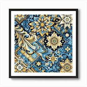 Batik, Blue And Yellow Floral Pattern 2 Art Print