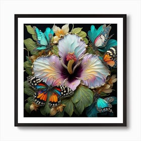 Hibiscus With Butterflies Art Print