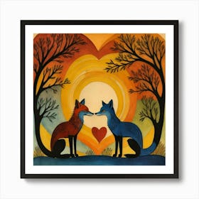 Foxes In Love Art Print