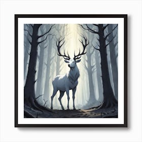 A White Stag In A Fog Forest In Minimalist Style Square Composition Art Print