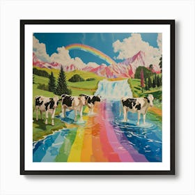 Rainbow Retro Collage Of Cows In The River Art Print