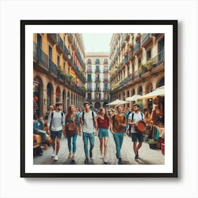 Group Of Young People In Barcelona Art Print