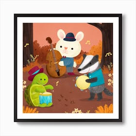 Little Animals In The Woods playing musical instruments Art Print