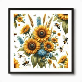 Sunflowers And Bees Art Print